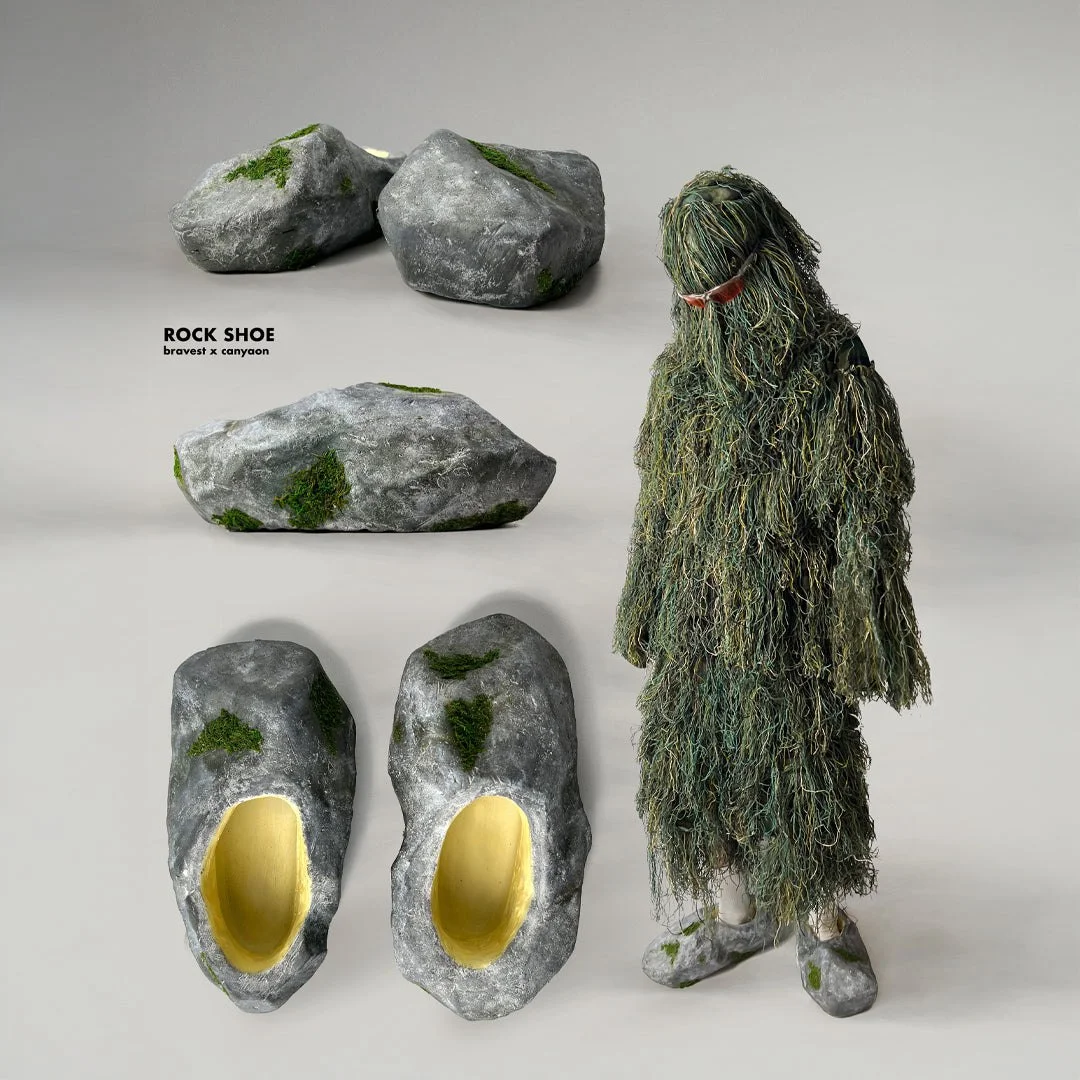 "Rock shoes", which are shoes that look like rocks, worn by a figure in what amounts to a ghillie suit made of spanish moss.