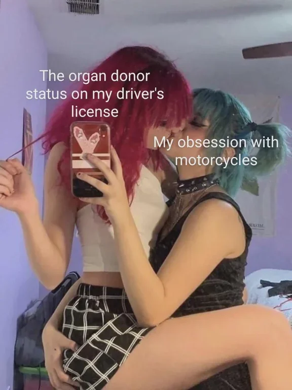 Girls kissing.  One is labeled "The organ donor status on my driver's license" and the other "my obsession with motorcycles"