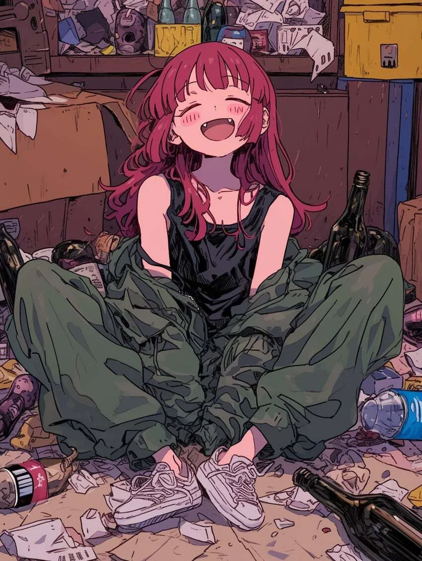 Kikuri Hiroi depicted in a rather trashy environment.   Her clothes are baggy, hair dishelveled, there's bullshit on the shelves behind her, and on the floor around her, including empty drinking vessels, both alcoholic and not.