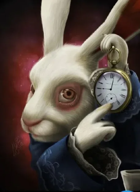 The White Rabbit pointing to his pocket watch.
